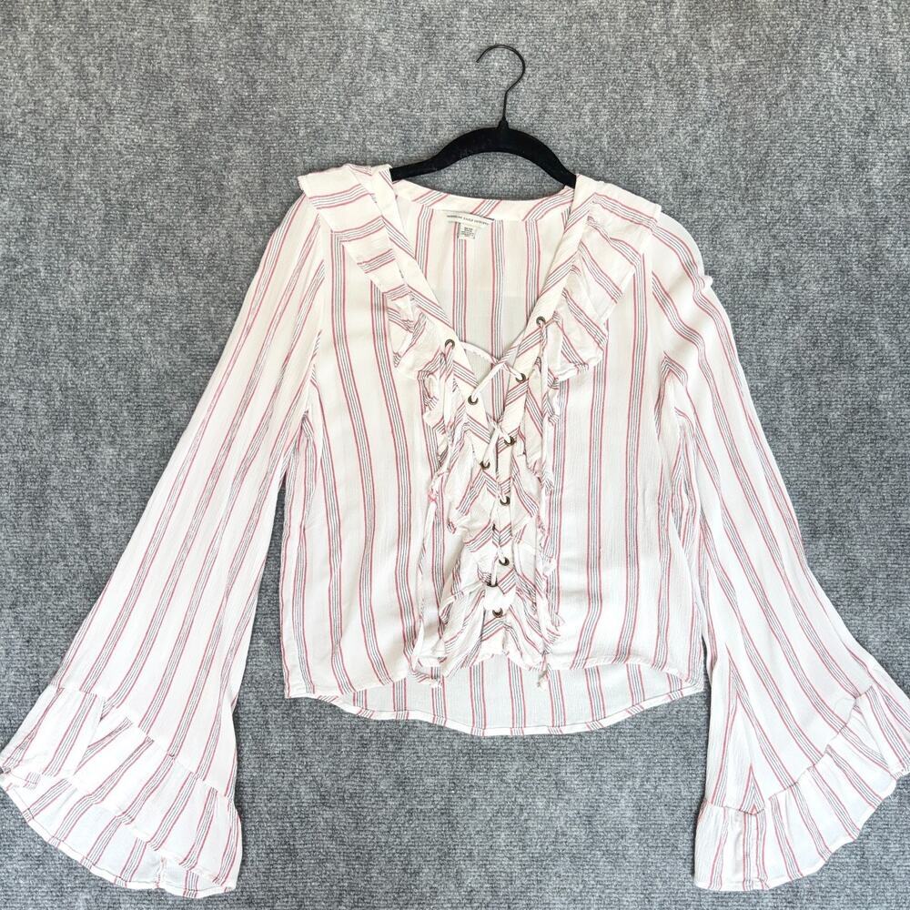 American Eagle Boho Lace Up Blouse XS Cream Red Stripe Ruffle Bell Sleeve Top